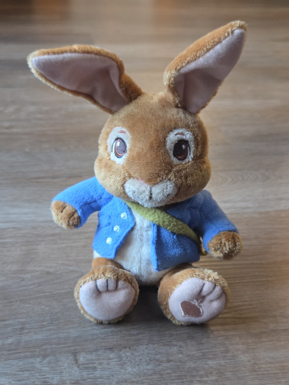 Peter Rabbit Plush Stuffed Animal Toy Blue Jacket, Green Bag, embroidered acorn